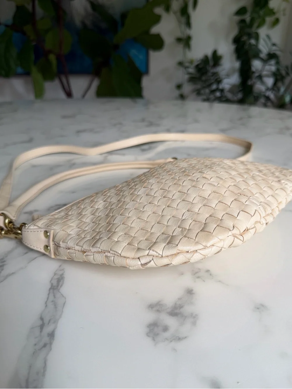 Clare V Petit Moyen Cream Woven Checker Leather Crossbody Shoulder Bag